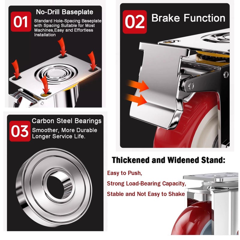 ABSLIMUS 4 inch Casters Load 2400lbs -Includes 2 Sets of Adaptive Screws -Lockable Bearing Plate Heavy Duty Caster with Brakes, 360-degree Swivel for Furniture and Workbench Cart, Set of 4 - Image 3